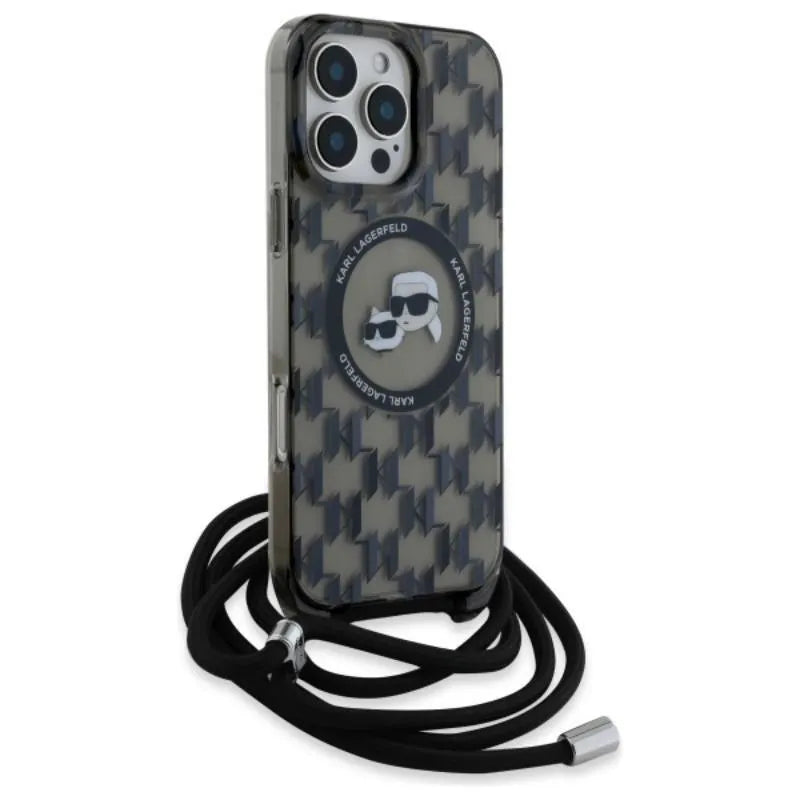Karl Lagerfeld IML Crossbody Monogram Karl & Choupette Head MagSafe – dėklas iPhone 16 Pro (juodas)