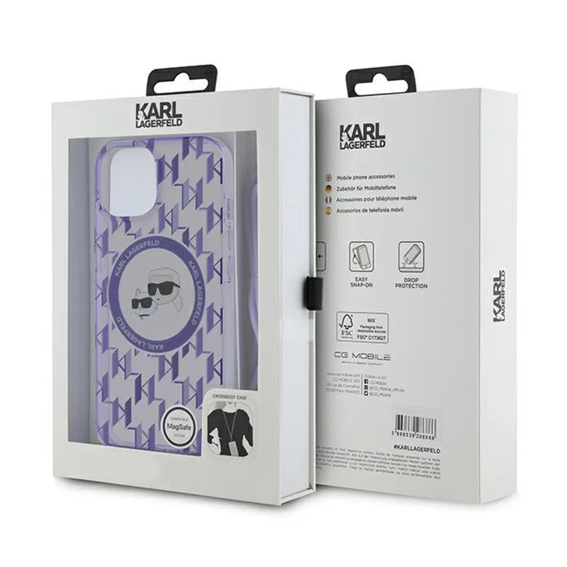 Karl Lagerfeld IML „Crossbody Monogram Karl & Choupette Head MagSafe“ – dėklas, skirtas „iPhone 15 / 14 / 13“ (violetinis)