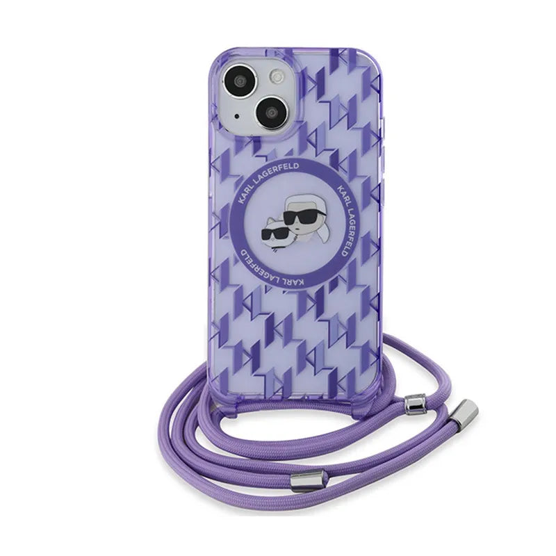 Karl Lagerfeld IML „Crossbody Monogram Karl & Choupette Head MagSafe“ – dėklas, skirtas „iPhone 15 / 14 / 13“ (violetinis)