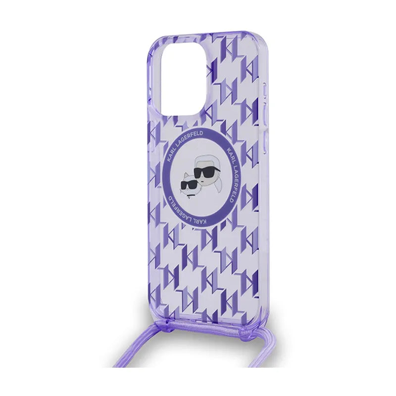 Karl Lagerfeld IML Crossbody Monogram Karl & Choupette Head MagSafe – dėklas, skirtas iPhone 15 Pro Max (violetinės spalvos)