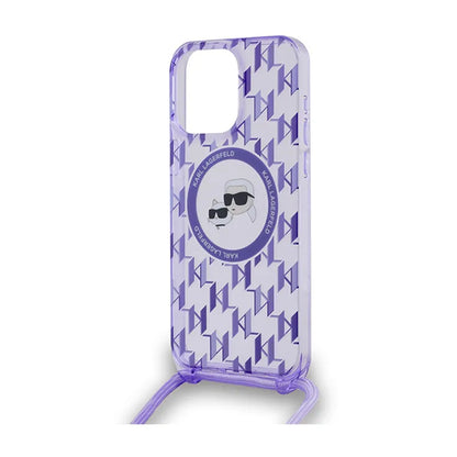 Karl Lagerfeld IML Crossbody Monogram Karl & Choupette Head MagSafe – dėklas, skirtas iPhone 15 Pro Max (violetinės spalvos)