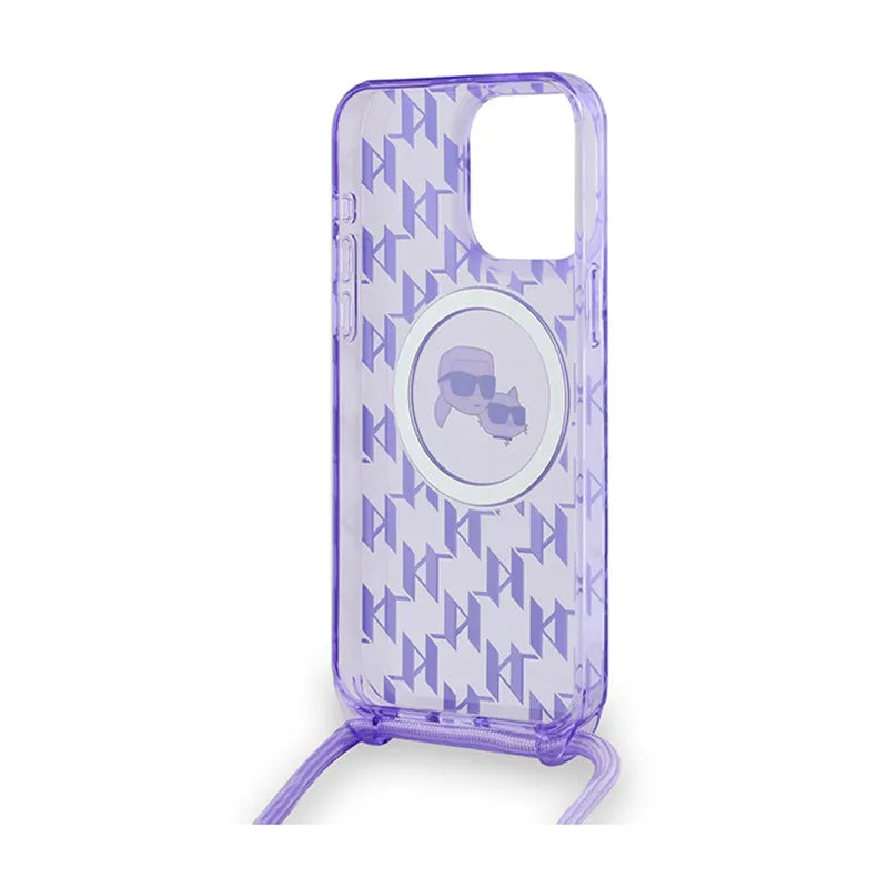 Karl Lagerfeld IML Crossbody Monogram Karl & Choupette Head MagSafe – dėklas, skirtas iPhone 15 Pro Max (violetinės spalvos)