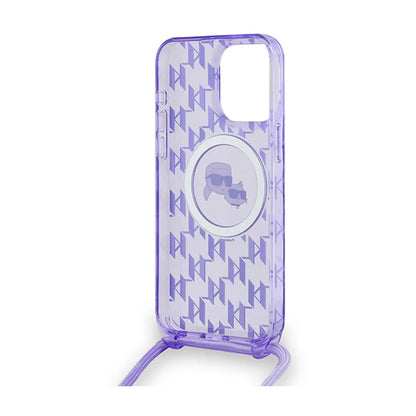 Karl Lagerfeld IML Crossbody Monogram Karl & Choupette Head MagSafe – dėklas, skirtas iPhone 15 Pro Max (violetinės spalvos)