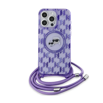 Karl Lagerfeld IML Crossbody Monogram Karl & Choupette Head MagSafe – dėklas, skirtas „iPhone 15 Pro“ (purpurinis)