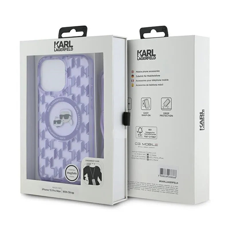 Karl Lagerfeld IML Crossbody Monogram Karl & Choupette Head MagSafe – dėklas, skirtas „iPhone 15 Pro“ (purpurinis)