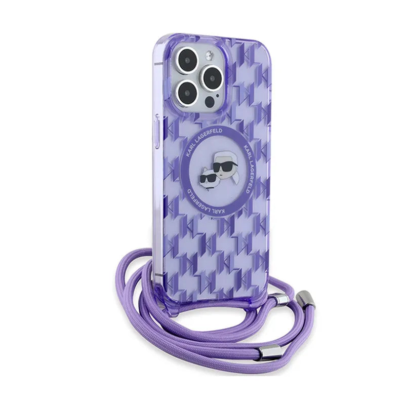 Karl Lagerfeld IML Crossbody Monogram Karl & Choupette Head MagSafe – dėklas, skirtas „iPhone 15 Pro“ (purpurinis)