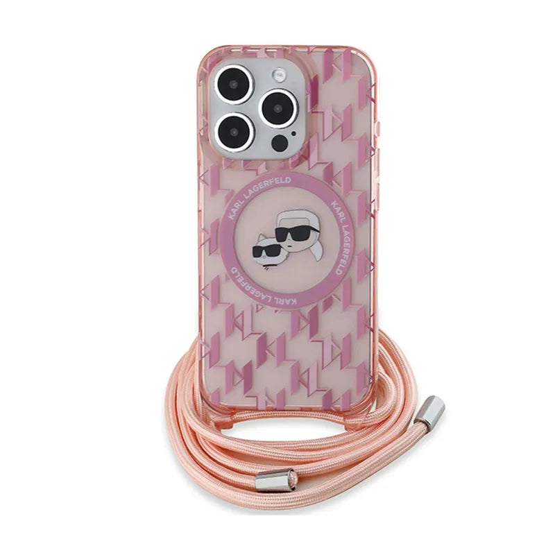 Karl Lagerfeld IML Crossbody Monogram Karl & Choupette Head MagSafe – dėklas, skirtas „iPhone 15 Pro“ (rožinis)