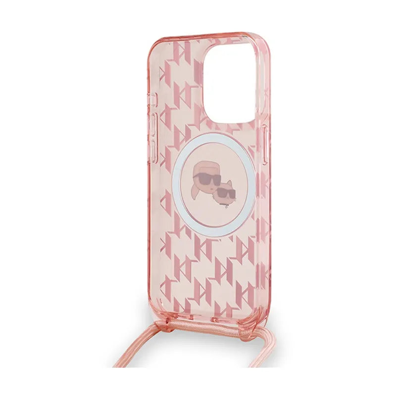Karl Lagerfeld IML Crossbody Monogram Karl & Choupette Head MagSafe – dėklas, skirtas „iPhone 15 Pro“ (rožinis)