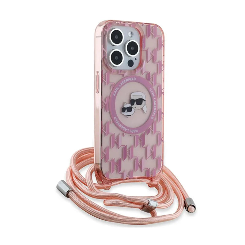 Karl Lagerfeld IML Crossbody Monogram Karl & Choupette Head MagSafe – dėklas, skirtas „iPhone 15 Pro“ (rožinis)