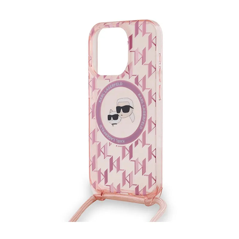 Karl Lagerfeld IML Crossbody Monogram Karl & Choupette Head MagSafe – dėklas, skirtas „iPhone 15 Pro“ (rožinis)