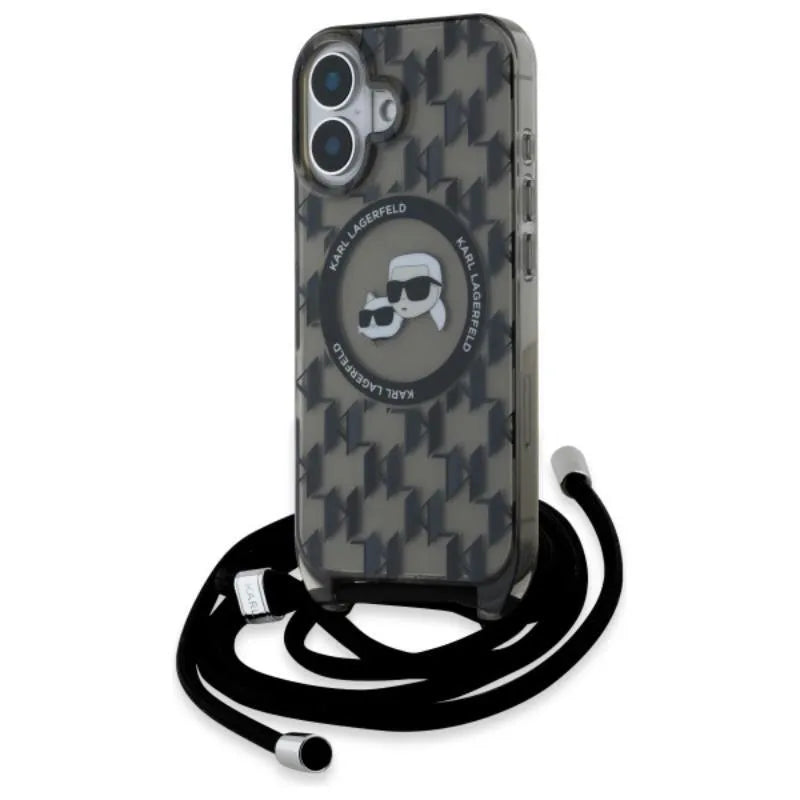 Karl Lagerfeld IML Crossbody Monogram Karl & Choupette Head MagSafe – dėklas, skirtas iPhone 16 (juodas)