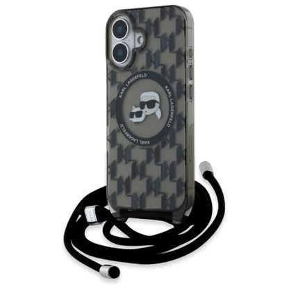 Karl Lagerfeld IML Crossbody Monogram Karl & Choupette Head MagSafe – dėklas, skirtas iPhone 16 (juodas)