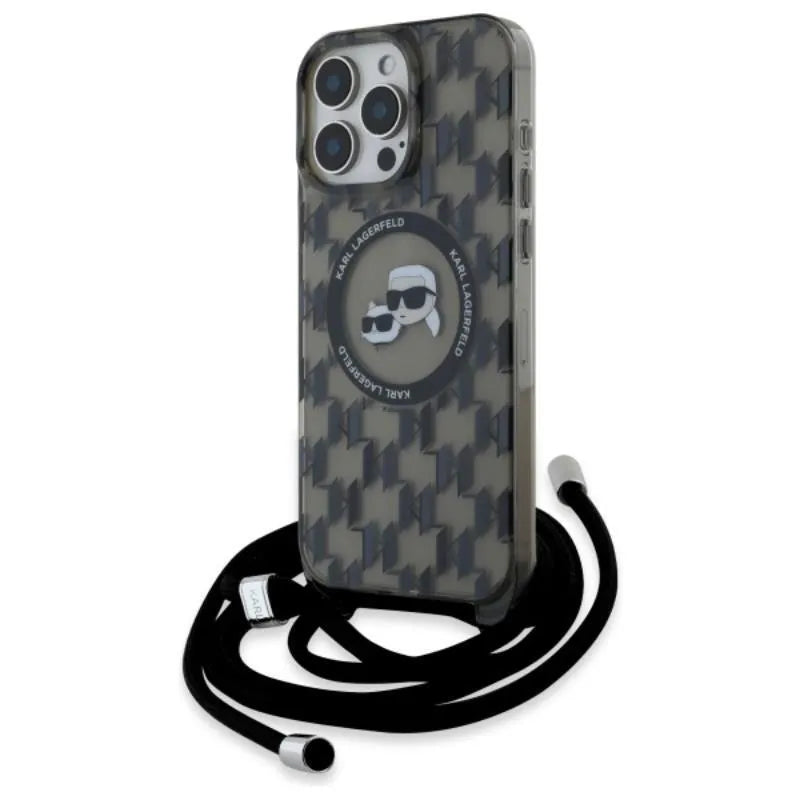 Karl Lagerfeld IML Crossbody Monogram Karl & Choupette Head MagSafe – dėklas, skirtas „iPhone 16 Pro Max“ (juodas)