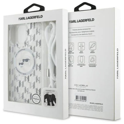 Karl Lagerfeld IML Crossbody Monogram Karl & Choupette Head MagSafe – dėklas, skirtas iPhone 16 Pro Max (skaidrus)