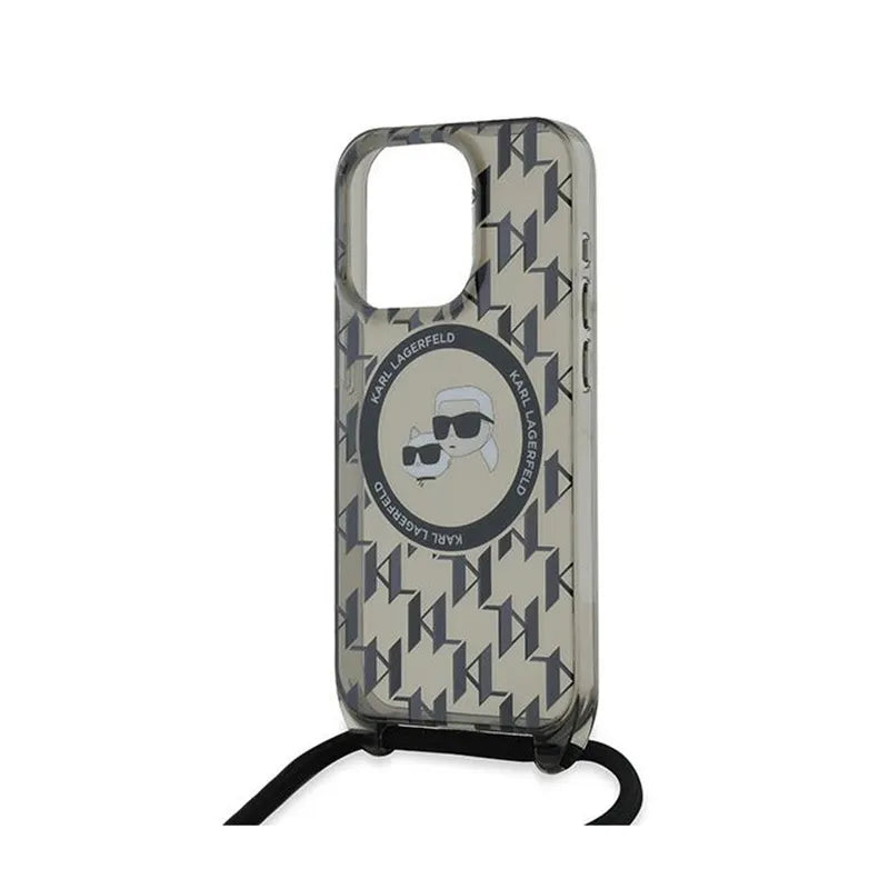Karl Lagerfeld IML dėklas su dirželiu per petį „Monogram Karl & Choupette Head“ ir MagSafe, skirtas iPhone 15 Pro Max (Juodas)