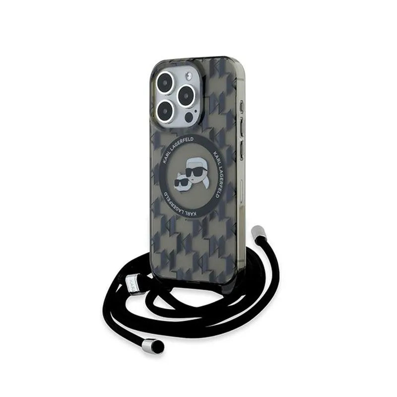 Karl Lagerfeld IML dėklas su dirželiu per petį „Monogram Karl & Choupette Head“ ir MagSafe, skirtas iPhone 15 Pro Max (Juodas)