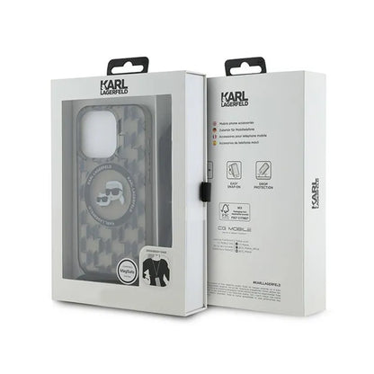 Karl Lagerfeld IML dėklas su dirželiu per petį „Monogram Karl & Choupette Head“ ir MagSafe, skirtas iPhone 15 Pro Max (Juodas)