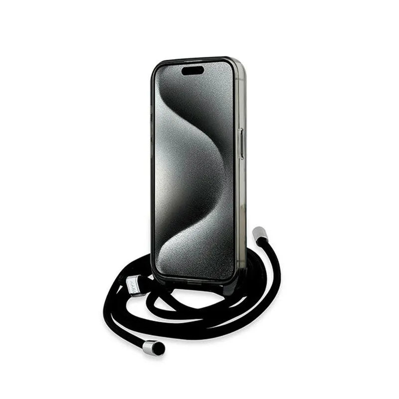 Karl Lagerfeld IML dėklas su dirželiu per petį „Monogram Karl & Choupette Head“ ir MagSafe, skirtas iPhone 15 Pro Max (Juodas)