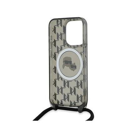 Karl Lagerfeld IML dėklas su dirželiu per petį „Monogram Karl & Choupette Head“ ir MagSafe, skirtas iPhone 15 Pro Max (Juodas)