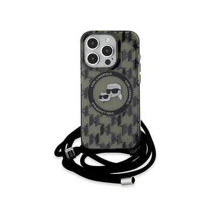 Karl Lagerfeld IML dėklas su dirželiu per petį „Monogram Karl & Choupette Head“ ir MagSafe, skirtas iPhone 15 Pro Max (Juodas)
