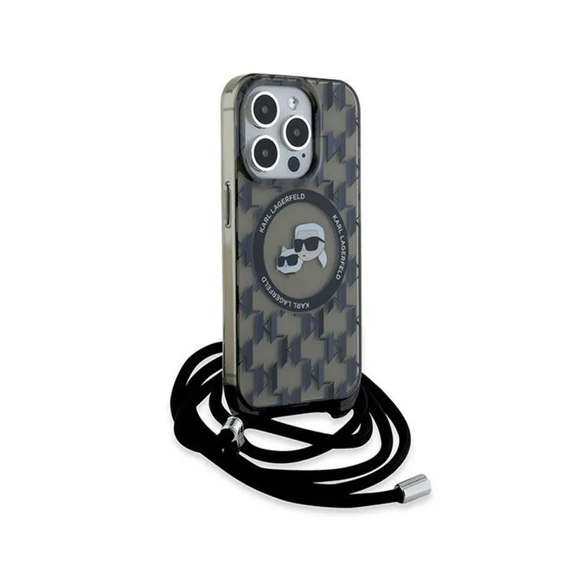 Karl Lagerfeld IML dėklas su dirželiu per petį „Monogram Karl & Choupette Head“ ir MagSafe, skirtas iPhone 15 Pro Max (Juodas)