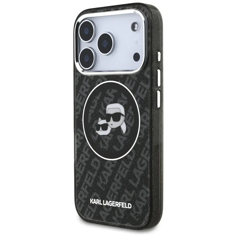 Karl Lagerfeld IML Glitter Karl & Choupette Heads Logo MagSafe - dėklas iPhone 17 Pro (juodas)