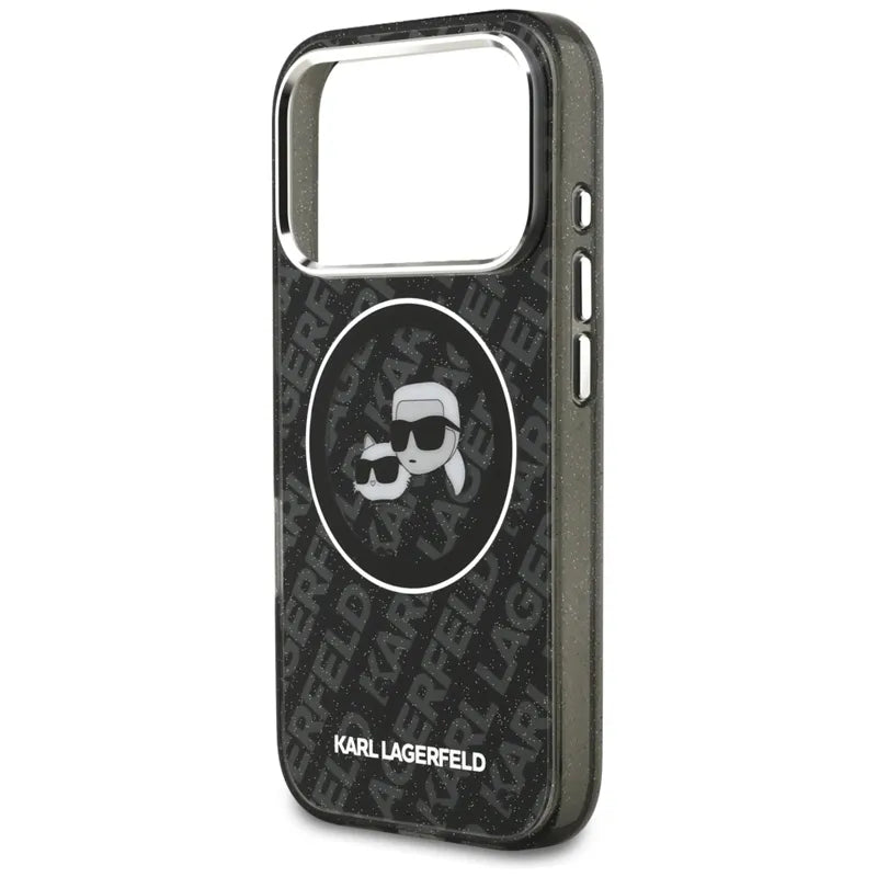Karl Lagerfeld IML Glitter Karl & Choupette Heads Logo MagSafe - dėklas iPhone 17 Pro (juodas)
