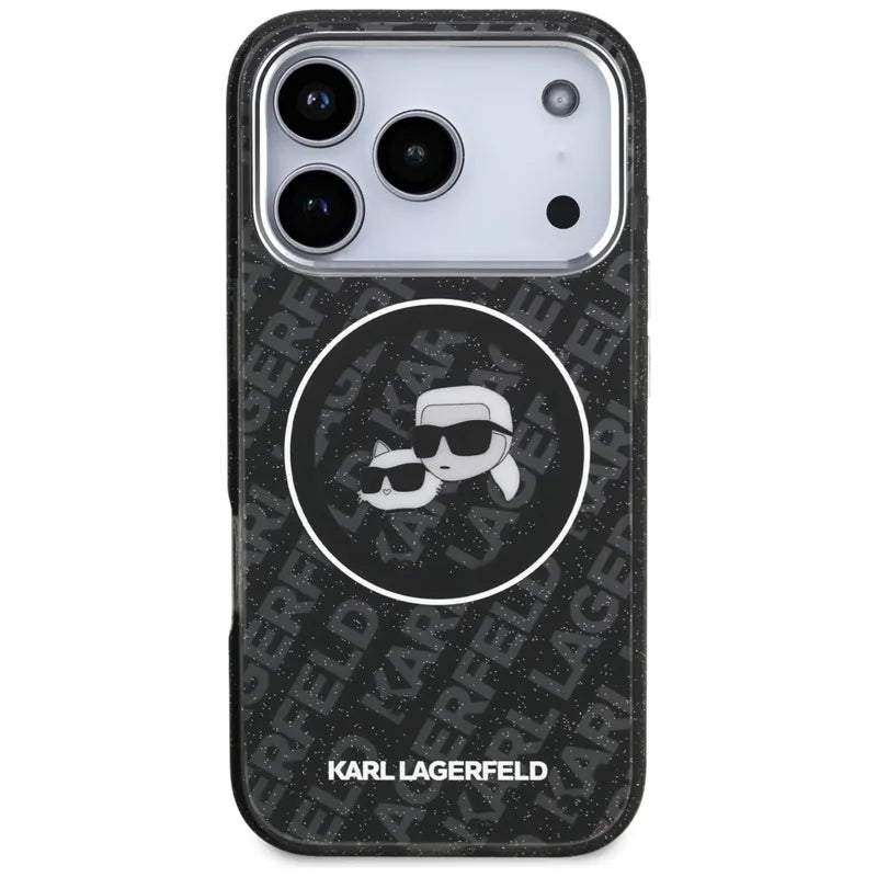 Karl Lagerfeld IML Glitter Karl & Choupette Heads Logo MagSafe - dėklas iPhone 17 Pro (juodas)