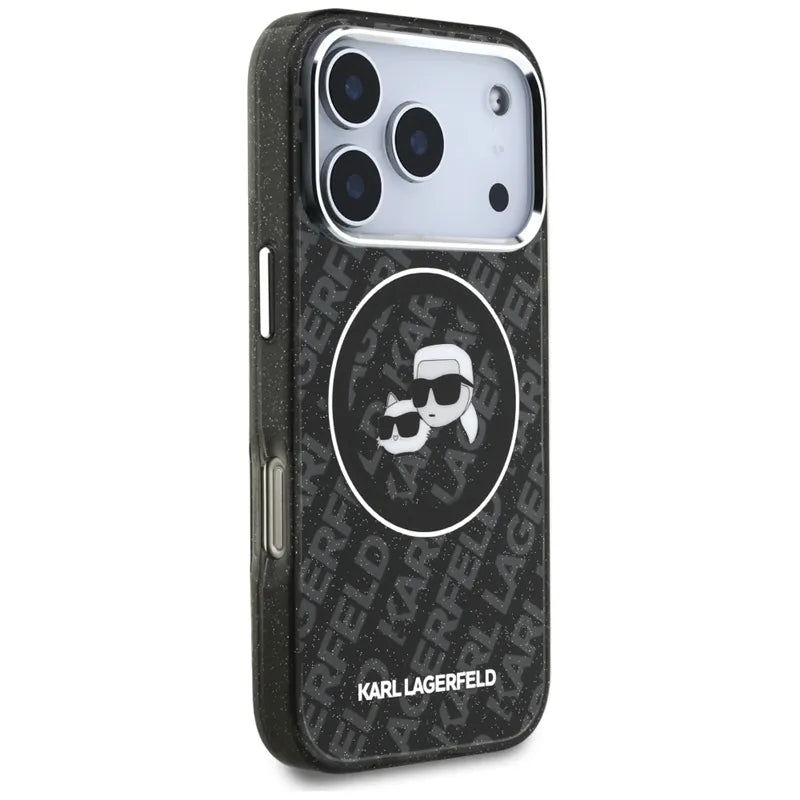 Karl Lagerfeld IML Glitter Karl & Choupette Heads Logo MagSafe - dėklas iPhone 17 Pro (juodas)