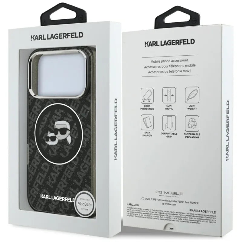 Karl Lagerfeld IML Glitter Karl & Choupette Heads Logo MagSafe - dėklas iPhone 17 Pro (juodas)