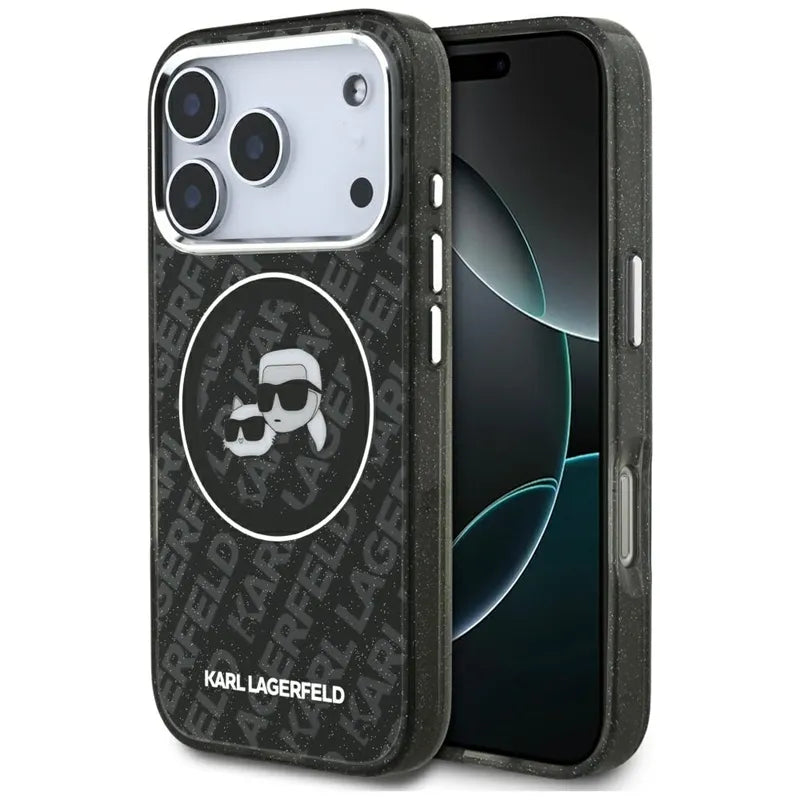 Karl Lagerfeld IML Glitter Karl & Choupette Heads Logo MagSafe - dėklas iPhone 17 Pro (juodas)