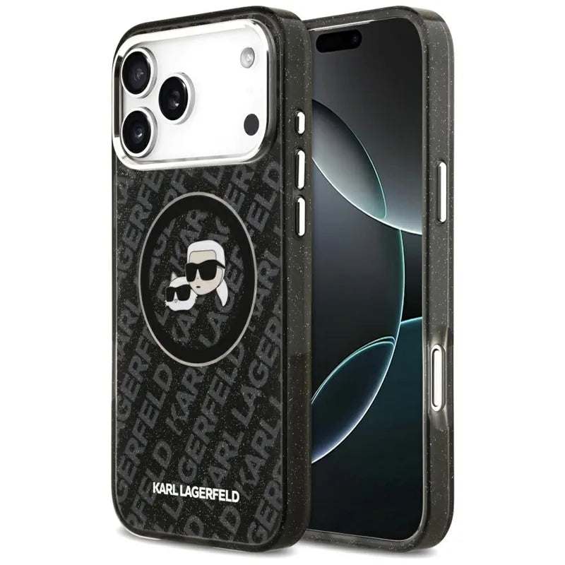 Karl Lagerfeld IML Glitter Karl & Choupette Heads Logo MagSafe - dėklas telefonui iPhone 17 Pro Max (juodas)