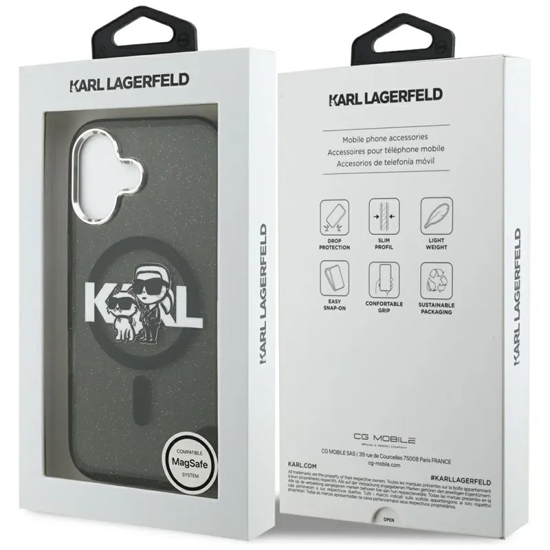 Karl Lagerfeld IML Glitter Karl & Choupette Sketch Logo MagSafe – dėklas iPhone 17 (juodas)