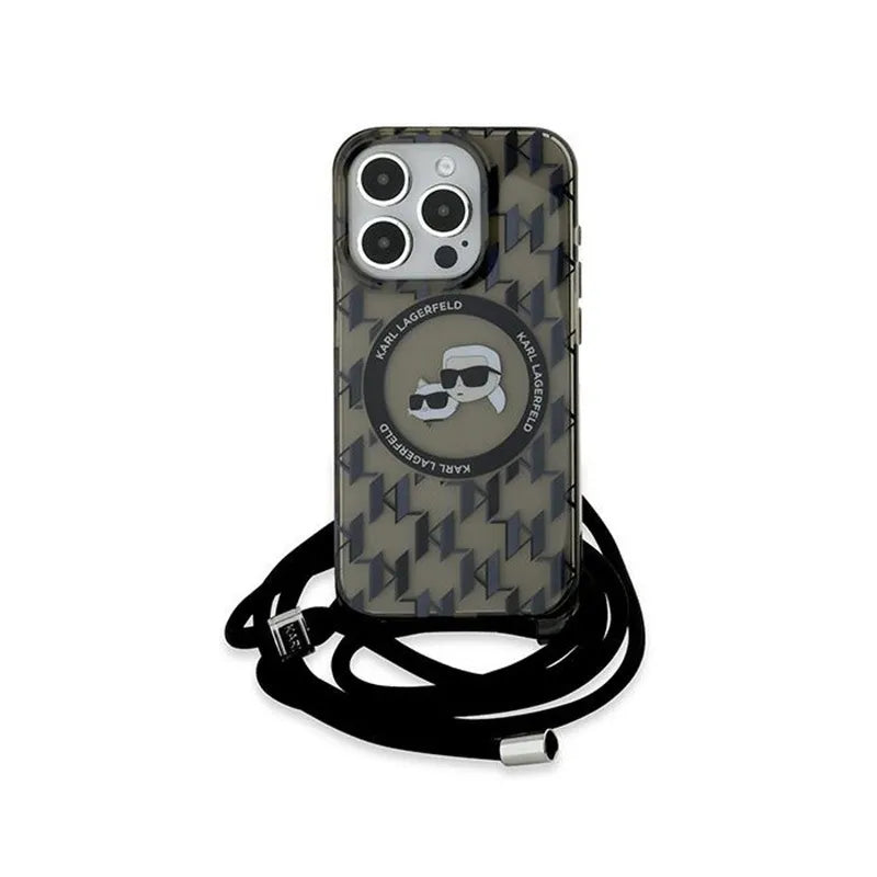 Karl Lagerfeld IML kryžminis krepšys su monograma Karl & Choupette galva MagSafe - dėklas, skirtas iPhone 15 Pro (juodas)