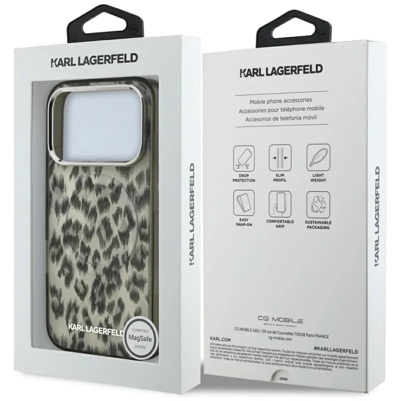 Karl Lagerfeld IML Leopardo rašto MagSafe dėklas iPhone 17 Pro (ruda)