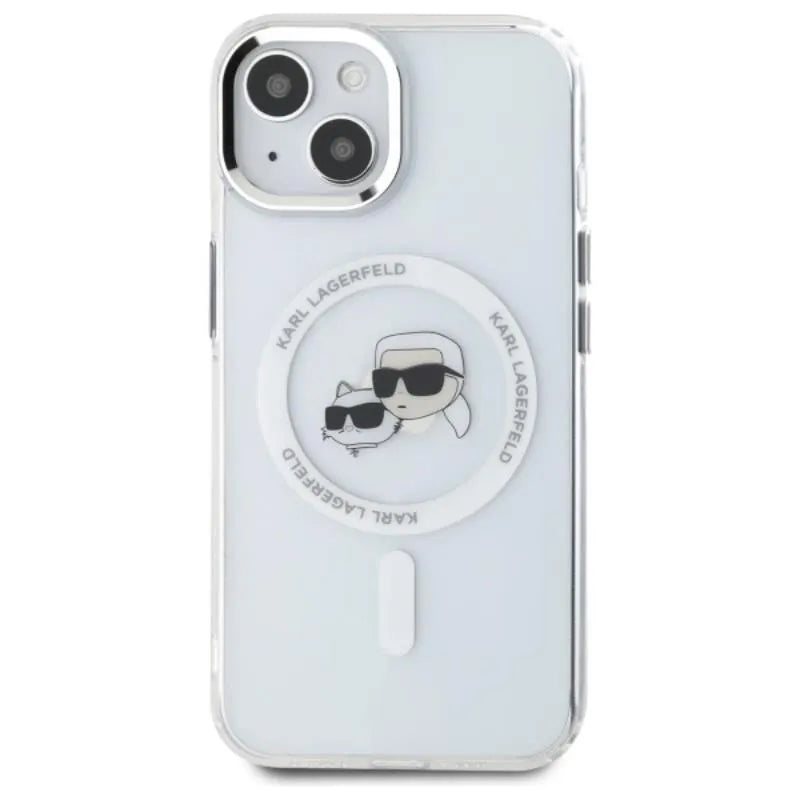 Karl Lagerfeld IML Metal Karl & Choupette Head MagSafe – Dėklas, skirtas iPhone 15 (baltas)