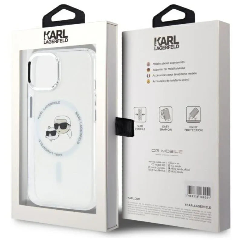 Karl Lagerfeld IML Metal Karl & Choupette Head MagSafe – Dėklas, skirtas iPhone 15 (baltas)