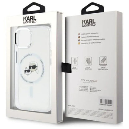 Karl Lagerfeld IML Metal Karl & Choupette Head MagSafe – Dėklas, skirtas iPhone 15 (baltas)