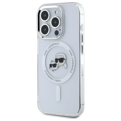 Karl Lagerfeld IML Metal Karl & Choupette Head MagSafe – dėklas, skirtas iPhone 15 Pro Max (baltas)