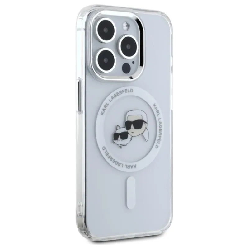 Karl Lagerfeld IML Metal Karl & Choupette Head MagSafe – dėklas, skirtas iPhone 15 Pro Max (baltas)
