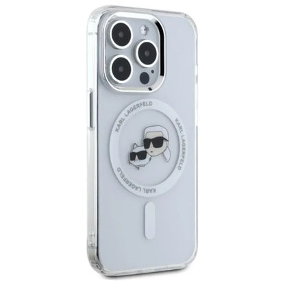 Karl Lagerfeld IML Metal Karl & Choupette Head MagSafe – dėklas, skirtas iPhone 15 Pro Max (baltas)