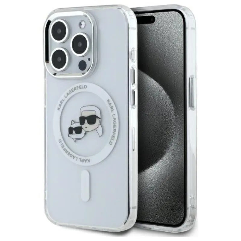 Karl Lagerfeld IML Metal Karl & Choupette Head MagSafe – dėklas, skirtas iPhone 15 Pro Max (baltas)