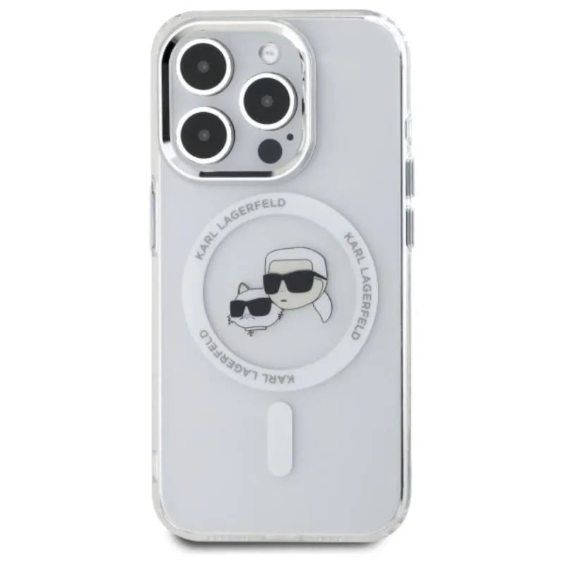 Karl Lagerfeld IML Metal Karl & Choupette Head MagSafe – dėklas, skirtas iPhone 15 Pro Max (baltas)
