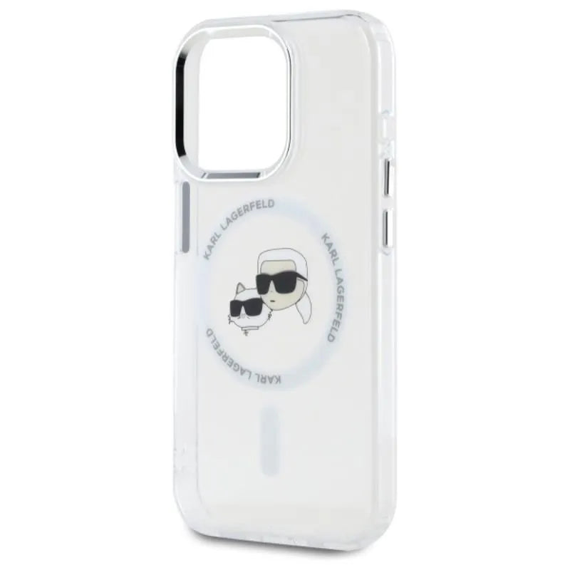 Karl Lagerfeld IML Metal Karl & Choupette Head MagSafe – dėklas, skirtas iPhone 15 Pro Max (baltas)