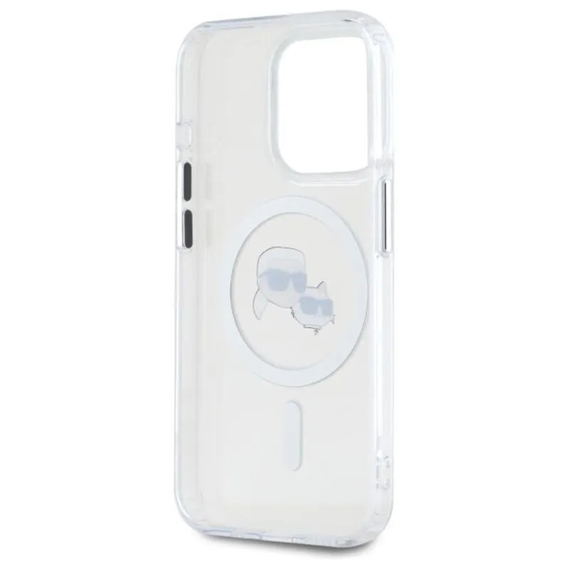 Karl Lagerfeld IML Metal Karl & Choupette Head MagSafe – dėklas, skirtas iPhone 15 Pro Max (baltas)