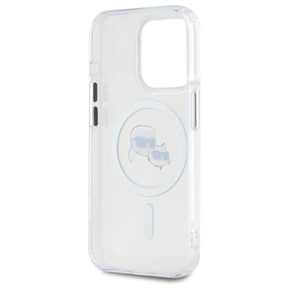 Karl Lagerfeld IML Metal Karl & Choupette Head MagSafe – dėklas, skirtas iPhone 15 Pro Max (baltas)