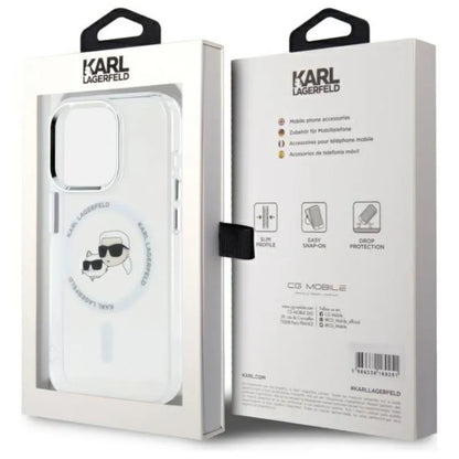 Karl Lagerfeld IML Metal Karl & Choupette Head MagSafe – dėklas, skirtas iPhone 15 Pro Max (baltas)