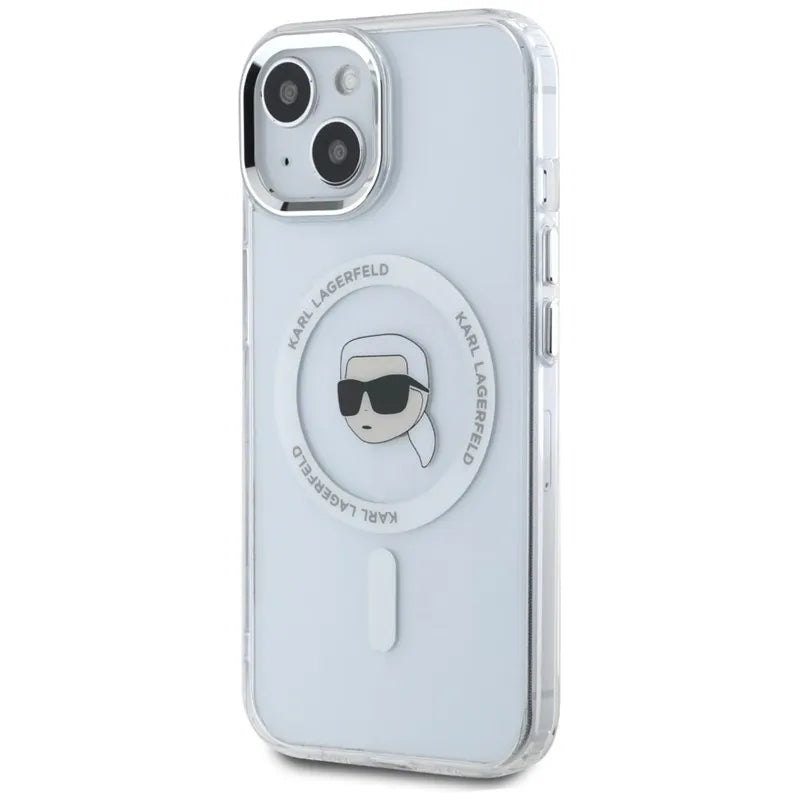 Karl Lagerfeld IML Metal Karl Head MagSafe – dėklas, skirtas iPhone 15 Plus (baltas)