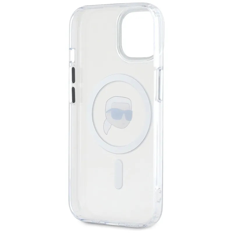 Karl Lagerfeld IML Metal Karl Head MagSafe – dėklas, skirtas iPhone 15 Plus (baltas)