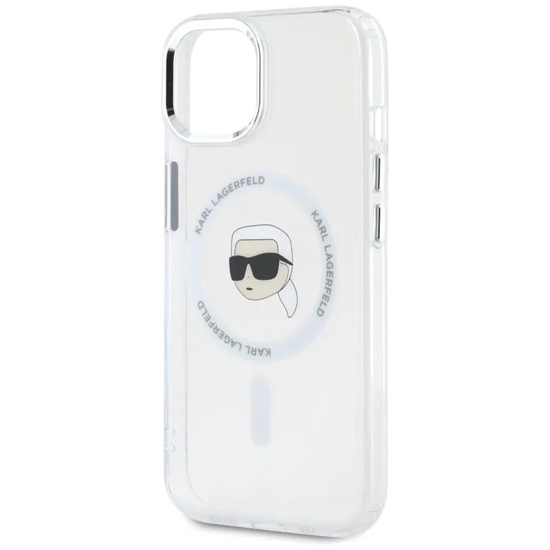 Karl Lagerfeld IML Metal Karl Head MagSafe – dėklas, skirtas iPhone 15 Plus (baltas)